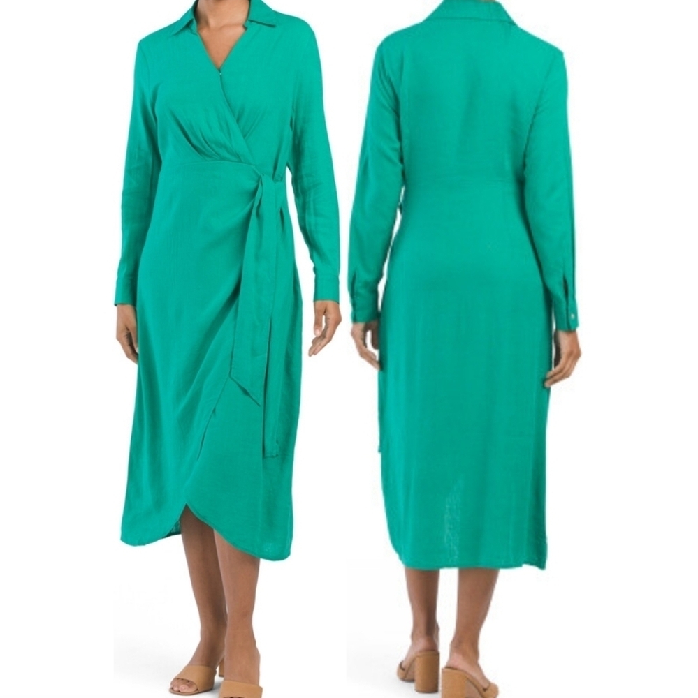 Rachel Zoe Linen Blend Faux Wrap Dress Green Size 12